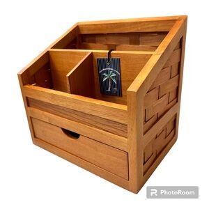 Woven Wood Mail Center Organizer With Drawer NWT
